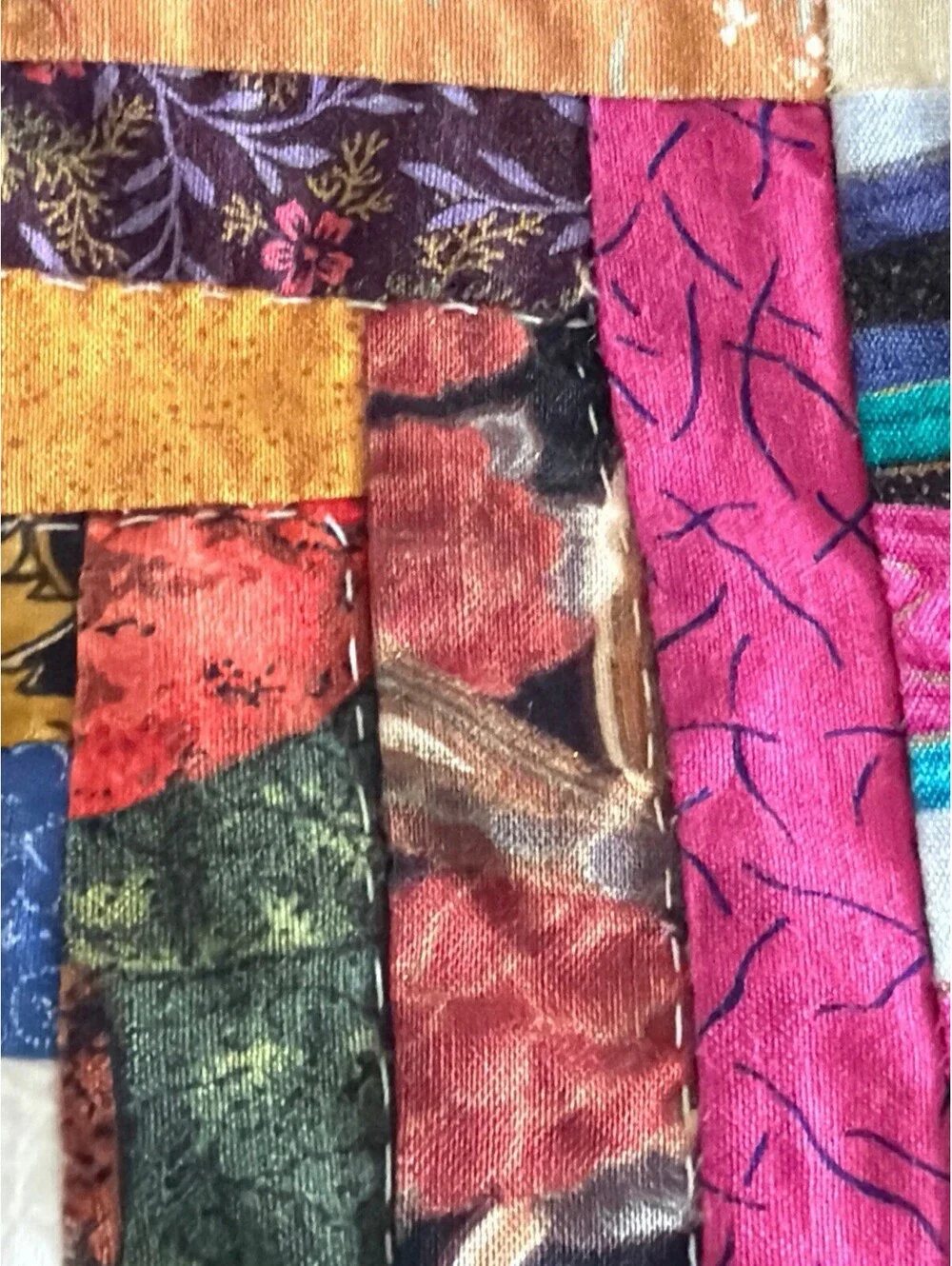 King 3pc Vintage Log Cabin Quilt Set Hand Quilted Scrappy Patchwork Shams 98x98